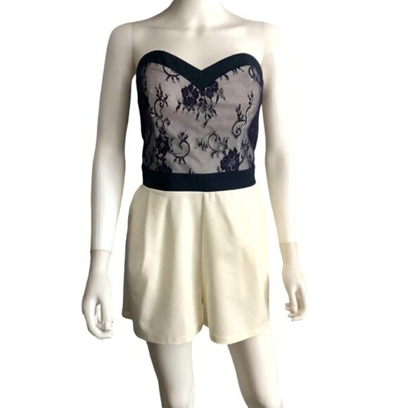 NWT Paper Doll Navy Lace and Cream Strapless Short Romper 10 - Picture 1 of 6